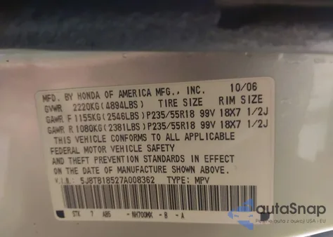2007 Acura Rdx from USA, damaged, VIN 5J8TB18527A008362